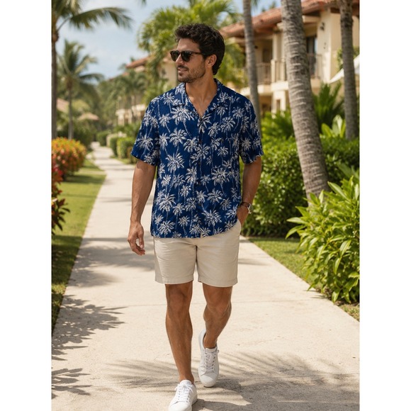 campia moda Other - Campia Moda Mens Navy‎ Blue Palm Tree Tropical Rayon Aloha Camp Shirt Size M